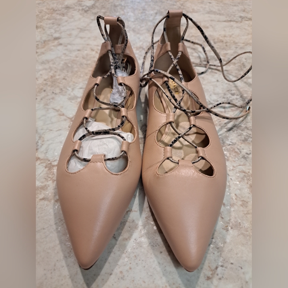 NWOT Coach Justine Lace up Ballet flats Size 9.5 Beige Pointy Toe